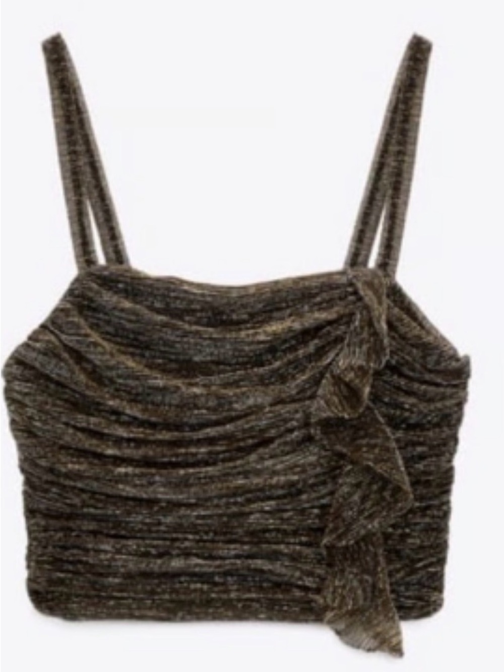 TOP Zara Green Goldish Bronze Ruched Tie Front Sleeveless Ruffle Tank Top - Picture 5 of 14